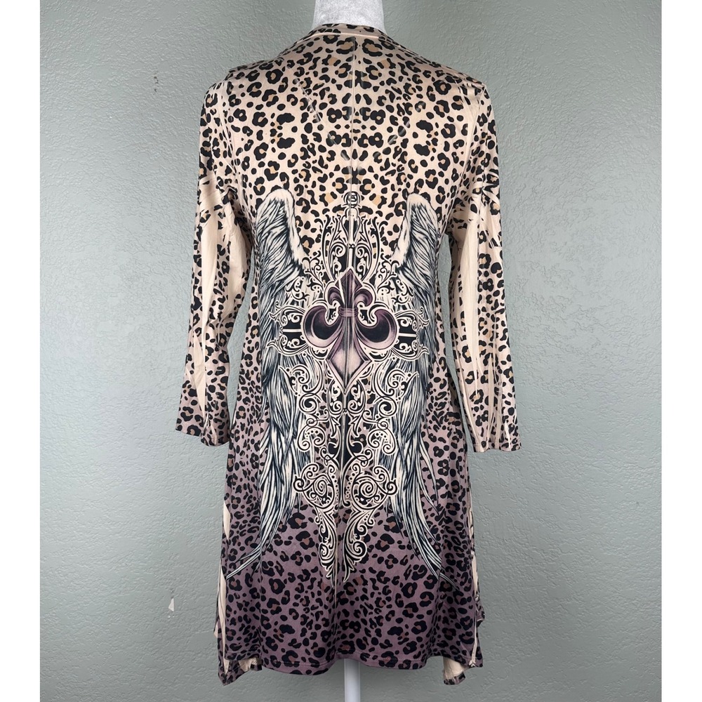 Leopard Print Tunic Top Size M Rhinestone Angel Wing Fleur-de-lis Sharkbite Y2K - Picture 3 of 9